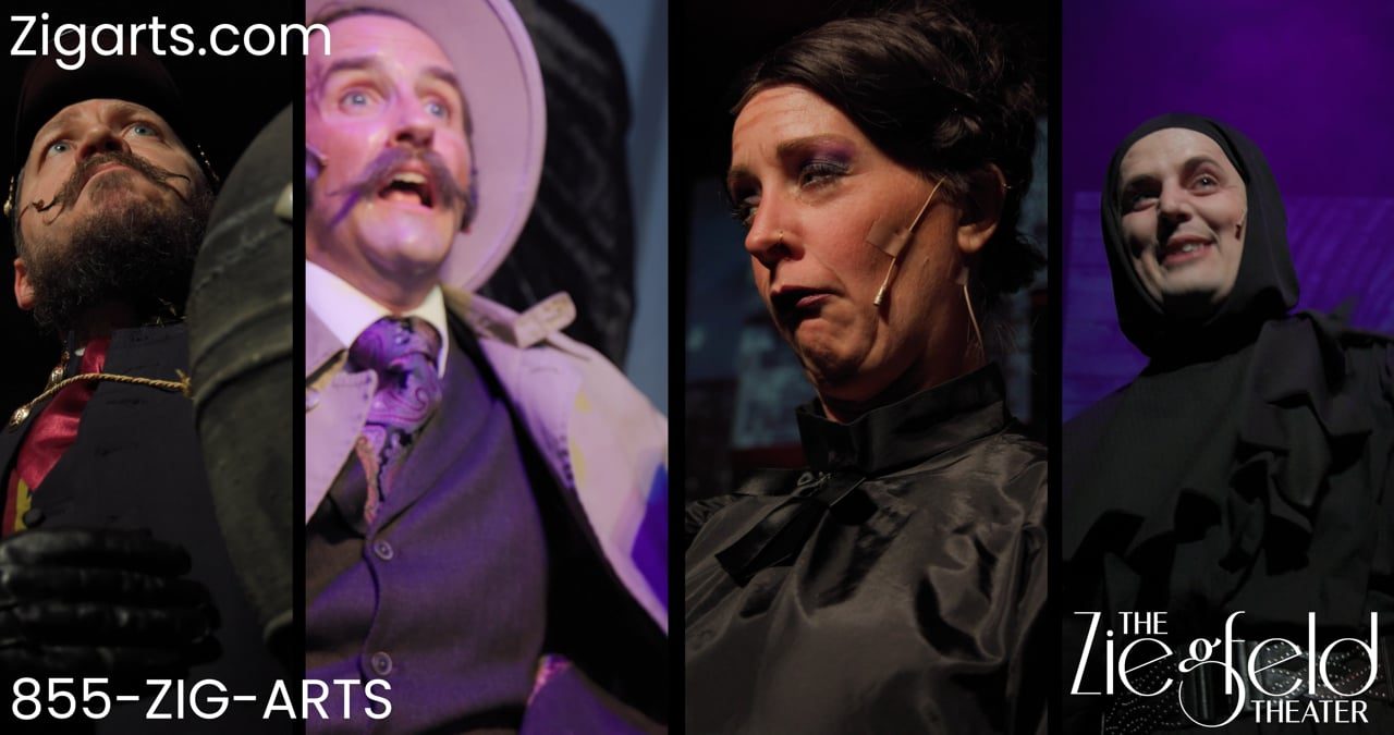 Four cast members in costume